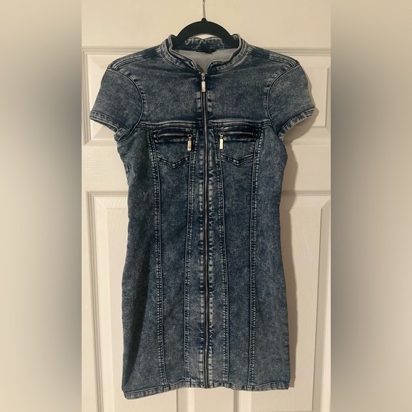 G By Guess Denim Bodycon Zipper Acid Wash Blue Jean Stretch Dress. Size‎ Small. - Picture 1 of 4